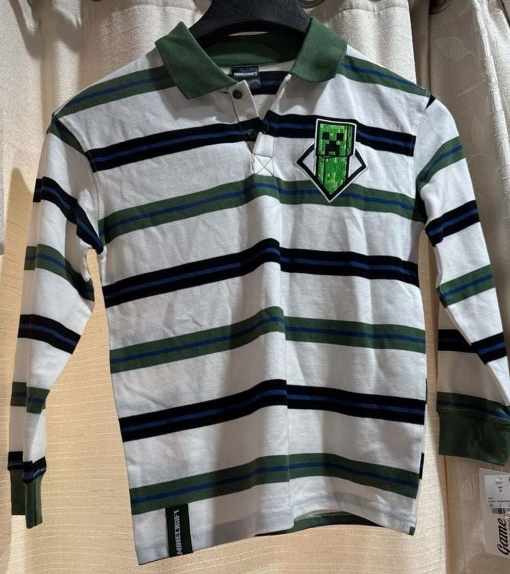 Boys' Minecraft Creeper Long Sleeve Striped Rugby Shirt, Size L (10/12)
C11